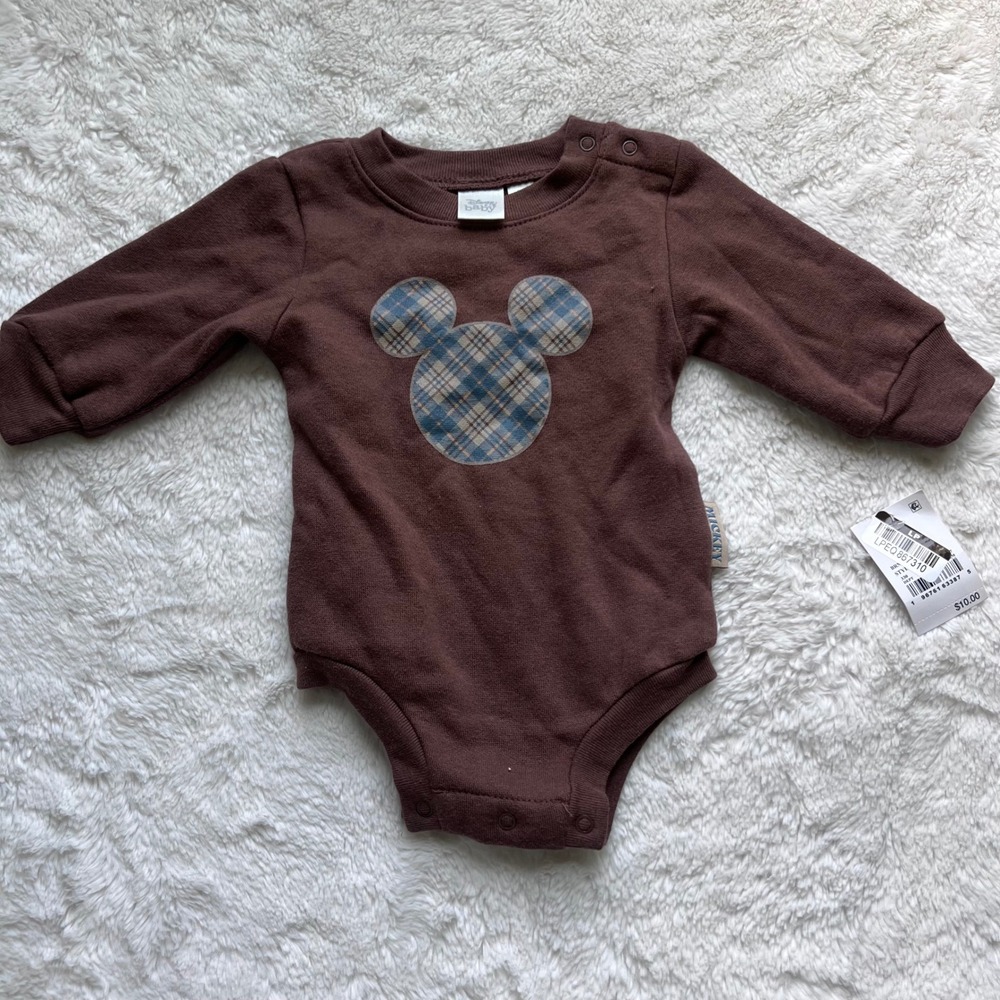 Disney Baby Mickey Mouse Plaid Graphic Long Sleeve Bodysuit Brown Size 0-3M NEW